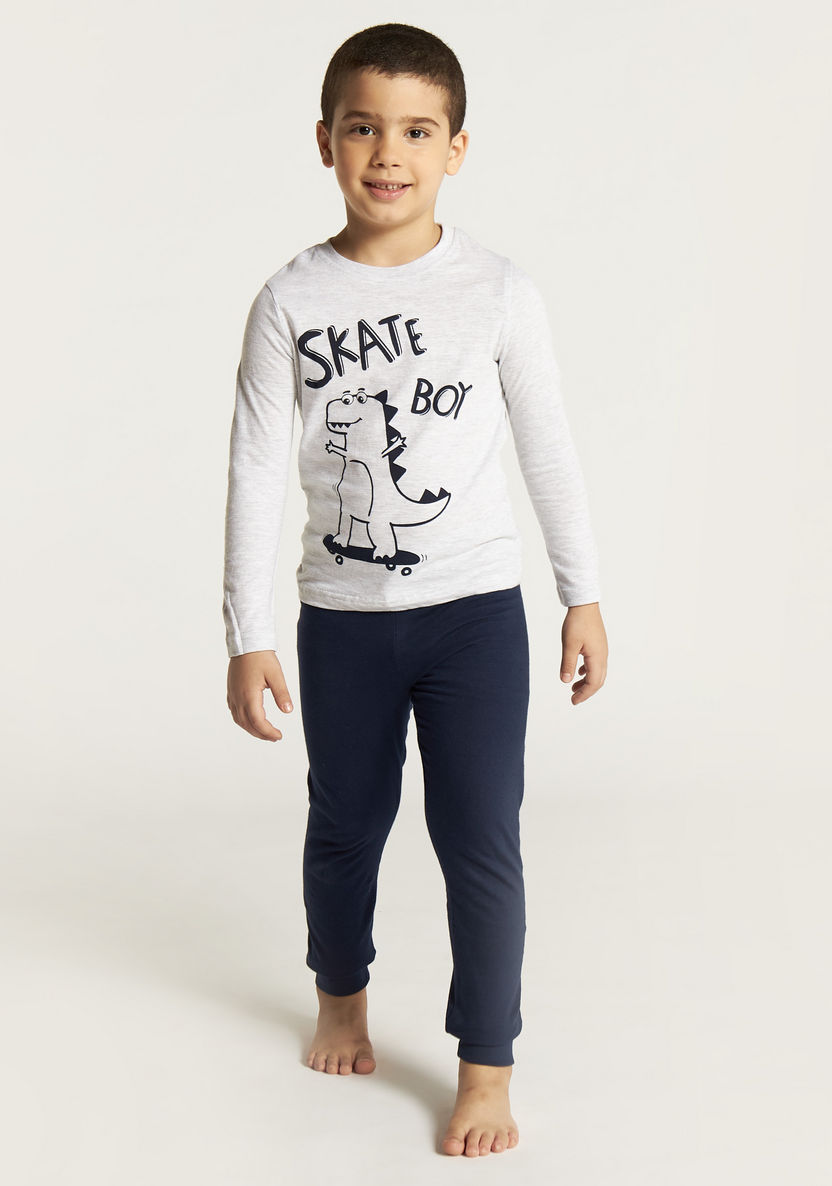 Juniors Dinosaur Print T-shirt with Long Sleeves and Pyjama Set-Pyjama Sets-image-1
