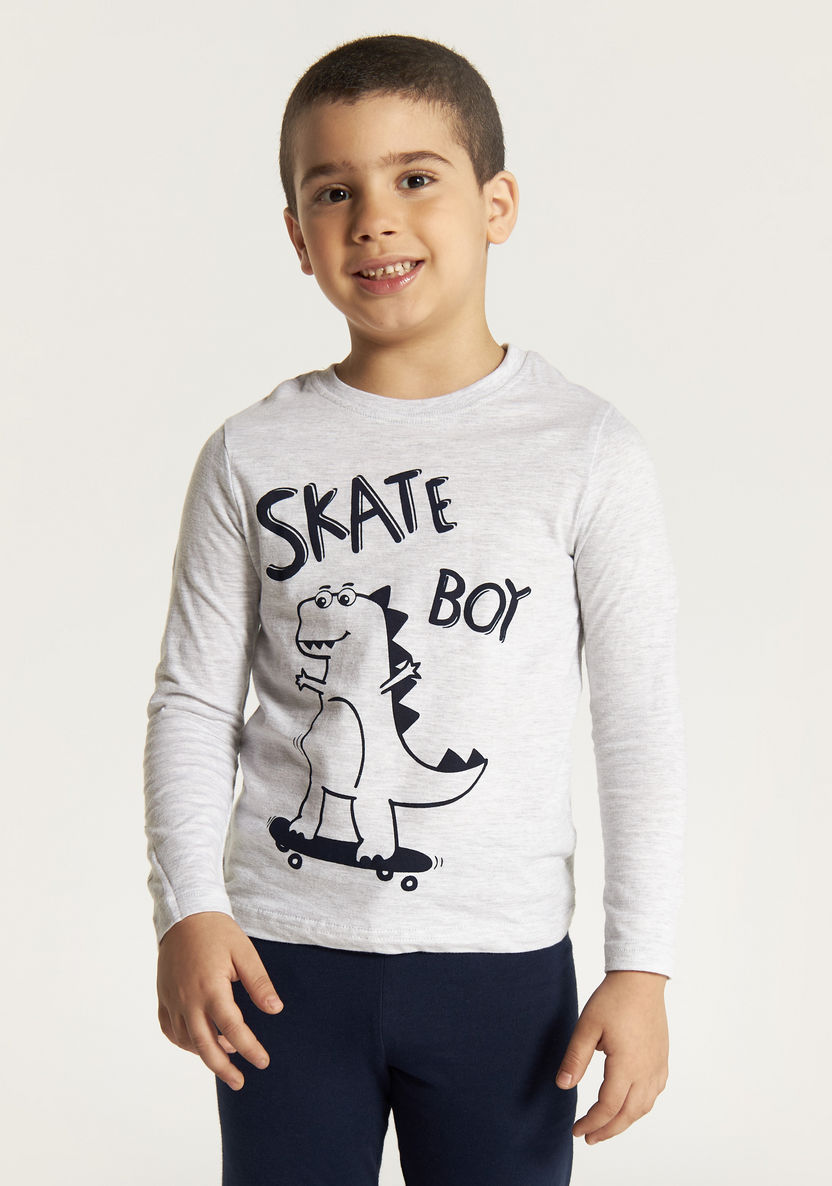 Juniors Dinosaur Print T-shirt with Long Sleeves and Pyjama Set-Pyjama Sets-image-2