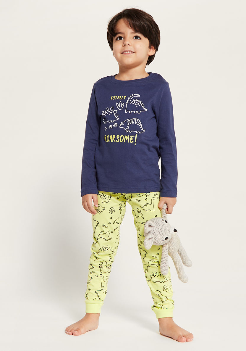 Juniors Dinosaur Print Long Sleeves T-shirt and Pyjama Set-Nightwear-image-0