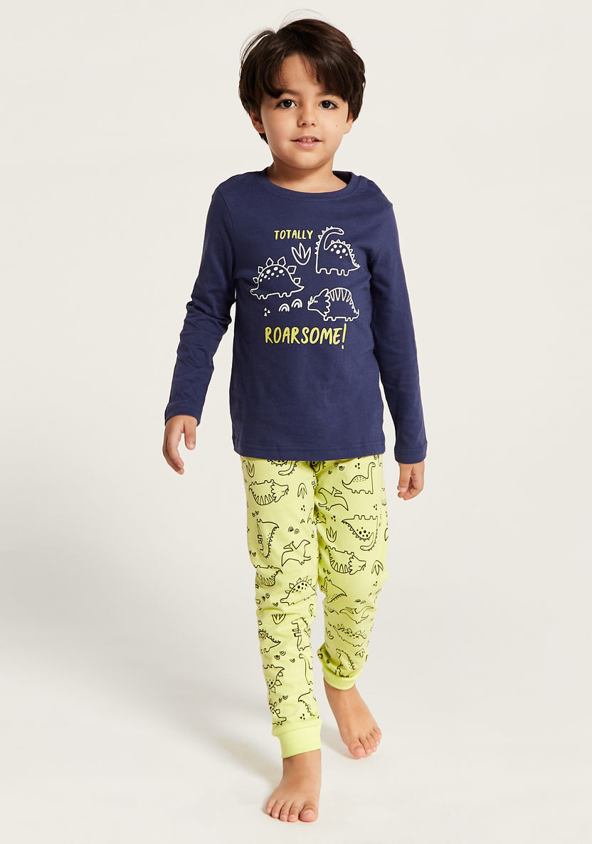 Juniors Dinosaur Print Long Sleeves T-shirt and Pyjama Set-Nightwear-image-1
