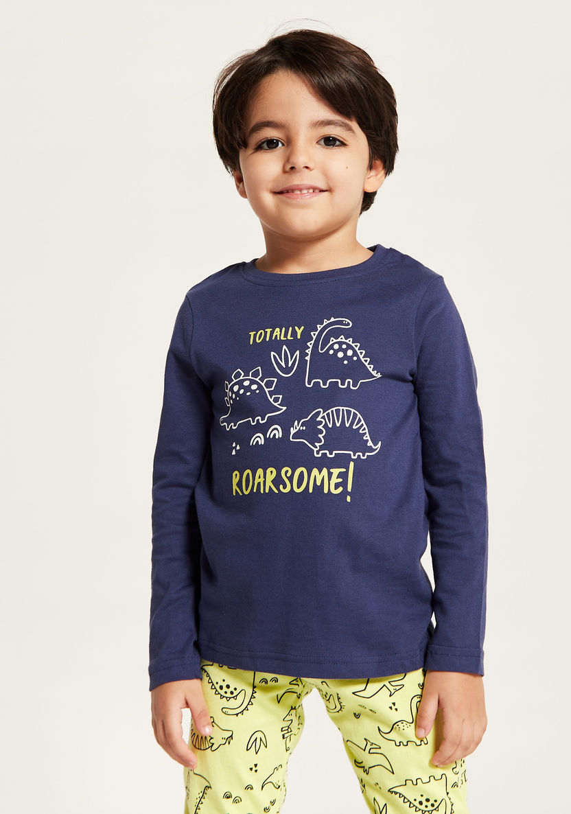 Juniors Dinosaur Print Long Sleeves T-shirt and Pyjama Set-Nightwear-image-2