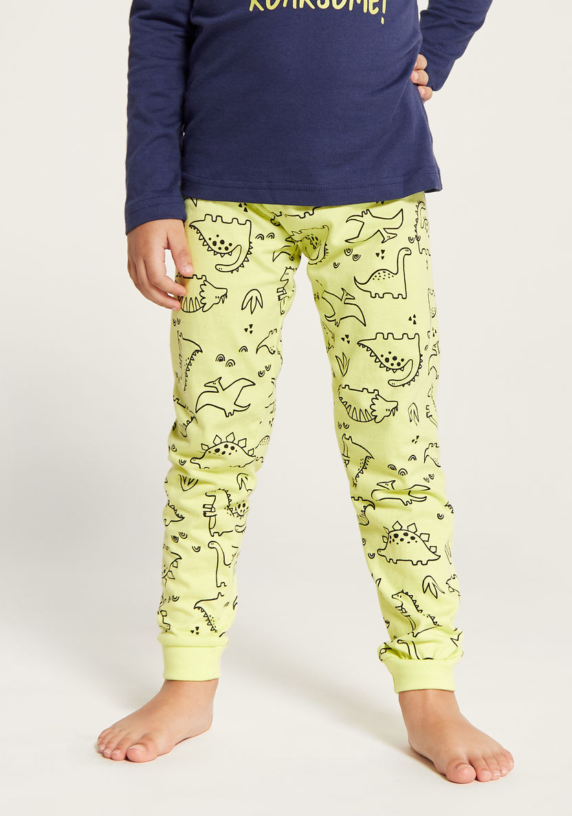 Juniors Dinosaur Print Long Sleeves T-shirt and Pyjama Set-Nightwear-image-3
