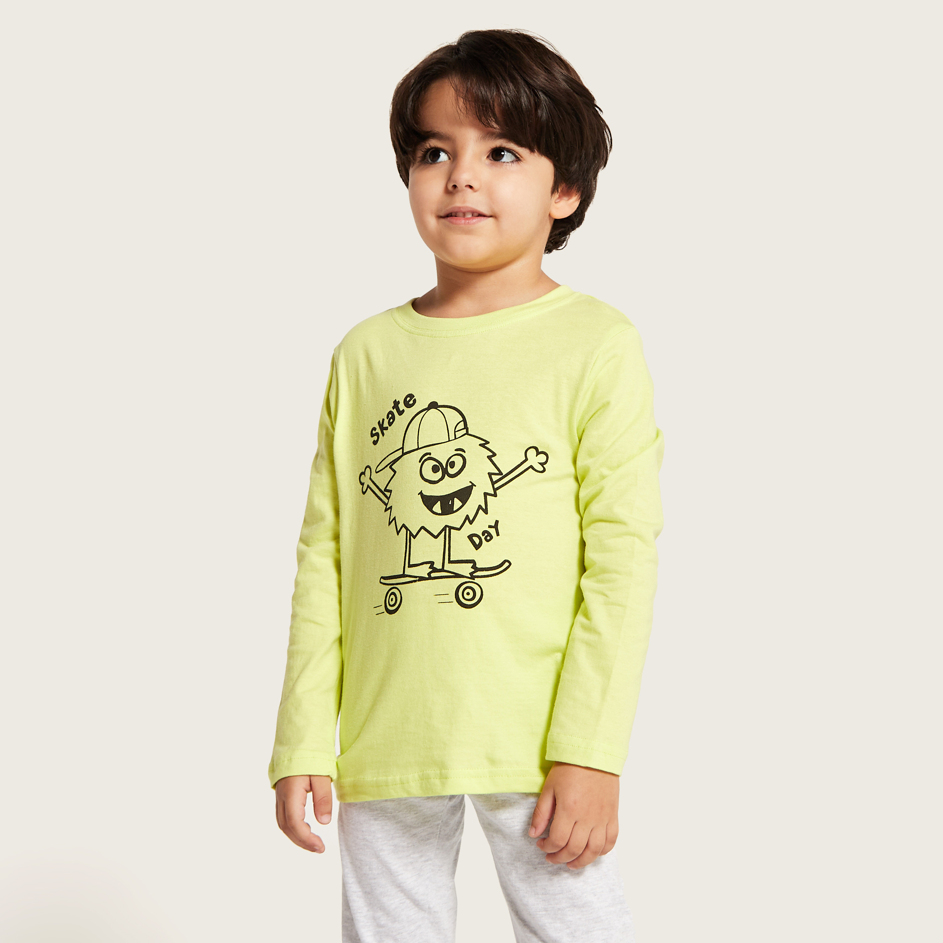 Juniors Printed Long Sleeves T-shirt and Solid Pyjama Set-boys-clothing-nightwear-image-3