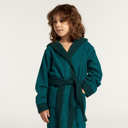 Juniors Solid Long Sleeves Bathrobe with Hood and Embroidered Detail-Towels and Flannels-image-1