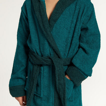 Juniors Solid Long Sleeves Bathrobe with Hood and Embroidered Detail-Towels and Flannels-image-2