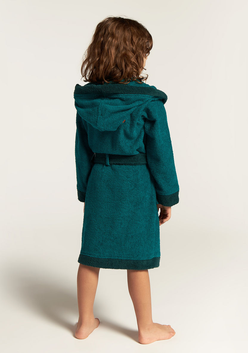 Juniors Solid Long Sleeves Bathrobe with Hood and Embroidered Detail-Towels and Flannels-image-4