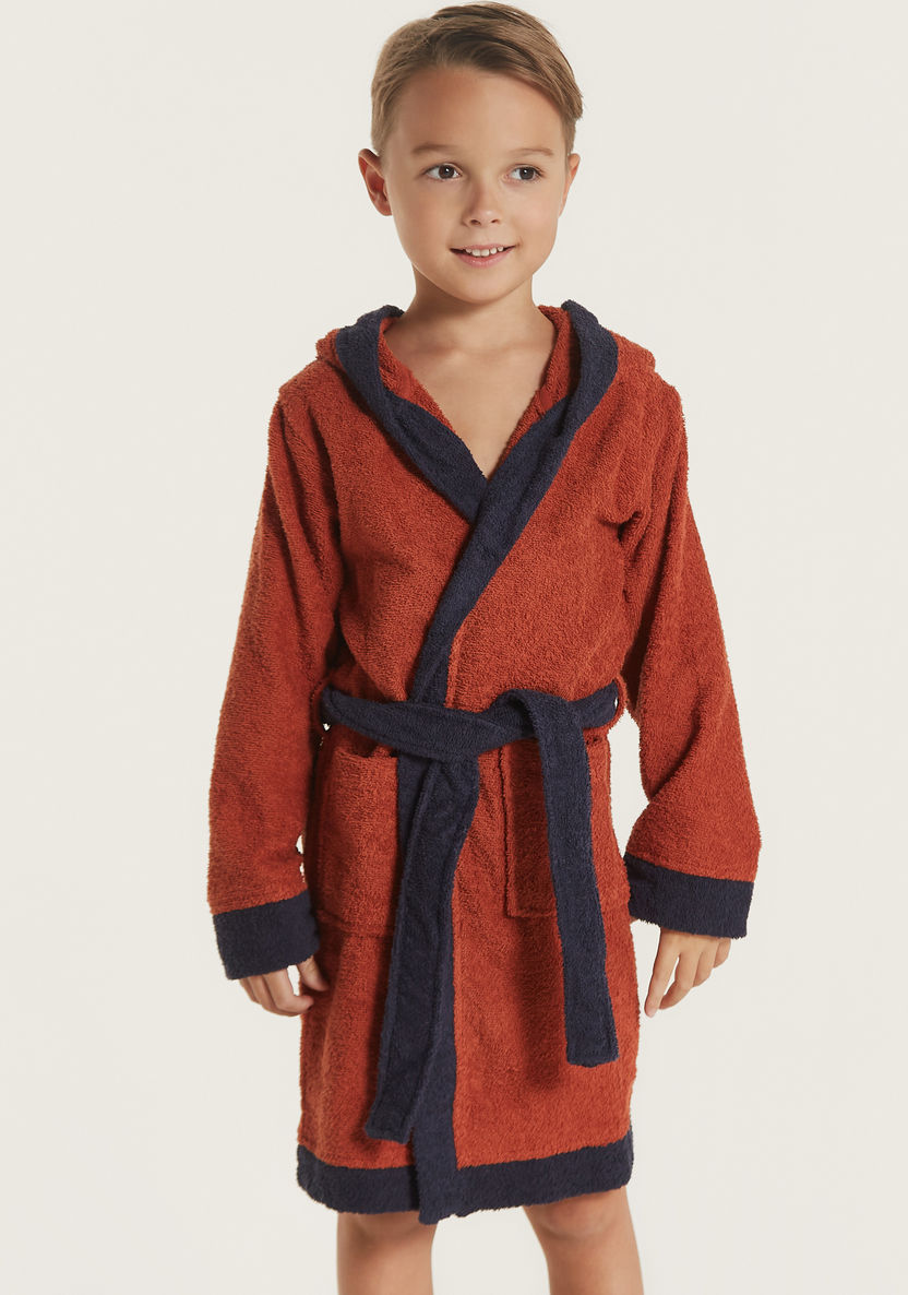 Juniors Textured Hooded Bathrobe with Tie-Up Belt and Front Pockets-Towels and Flannels-image-1