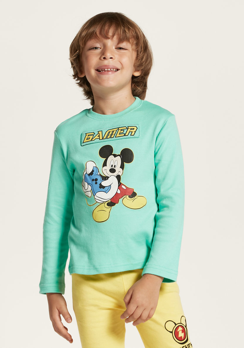 Disney Mickey Mouse Print Crew Neck T-shirt and Pyjama Set-Nightwear-image-1