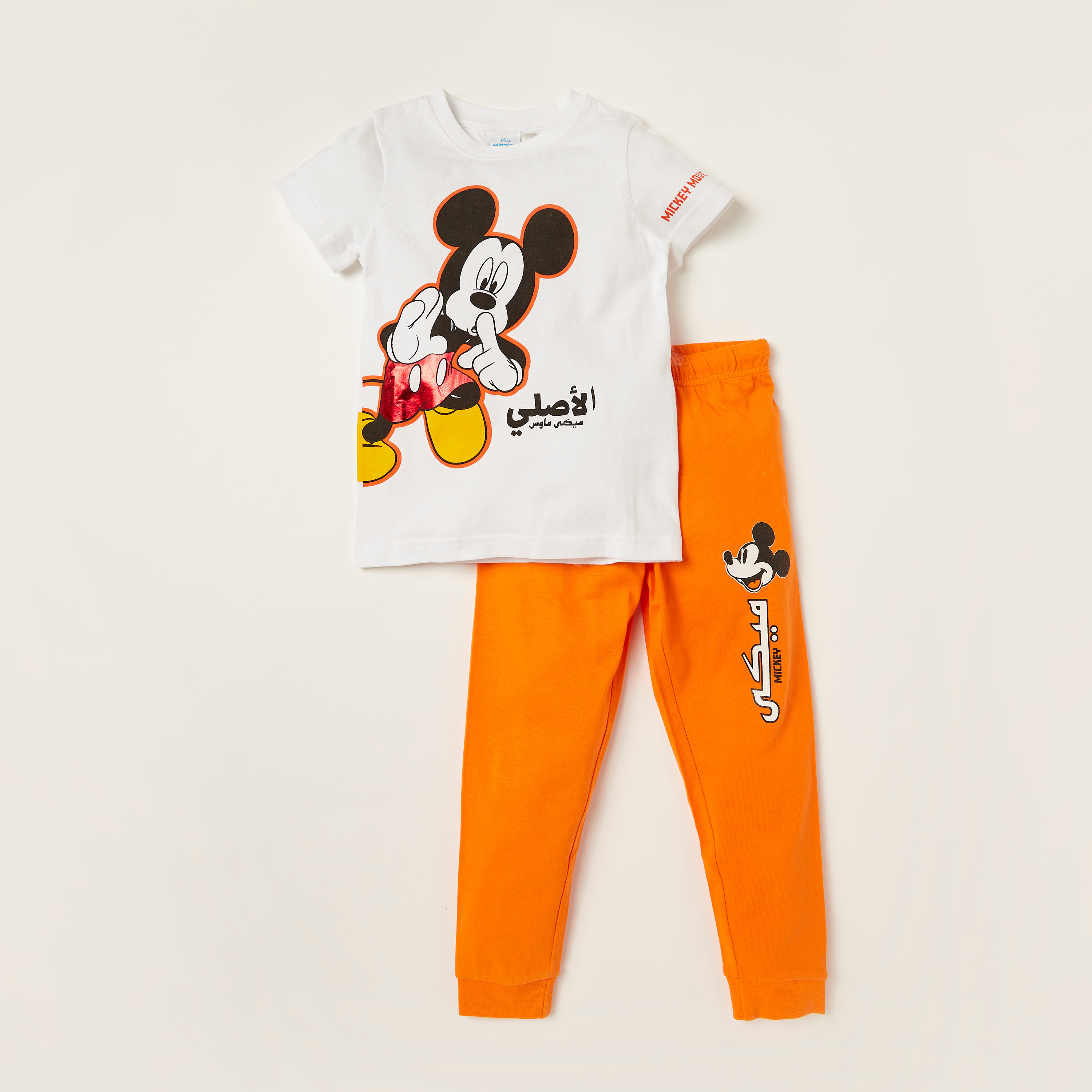 Disney Mickey Mouse Print Crew Neck T-shirt and Pyjama Set-boys-clothing-nightwear-image-1