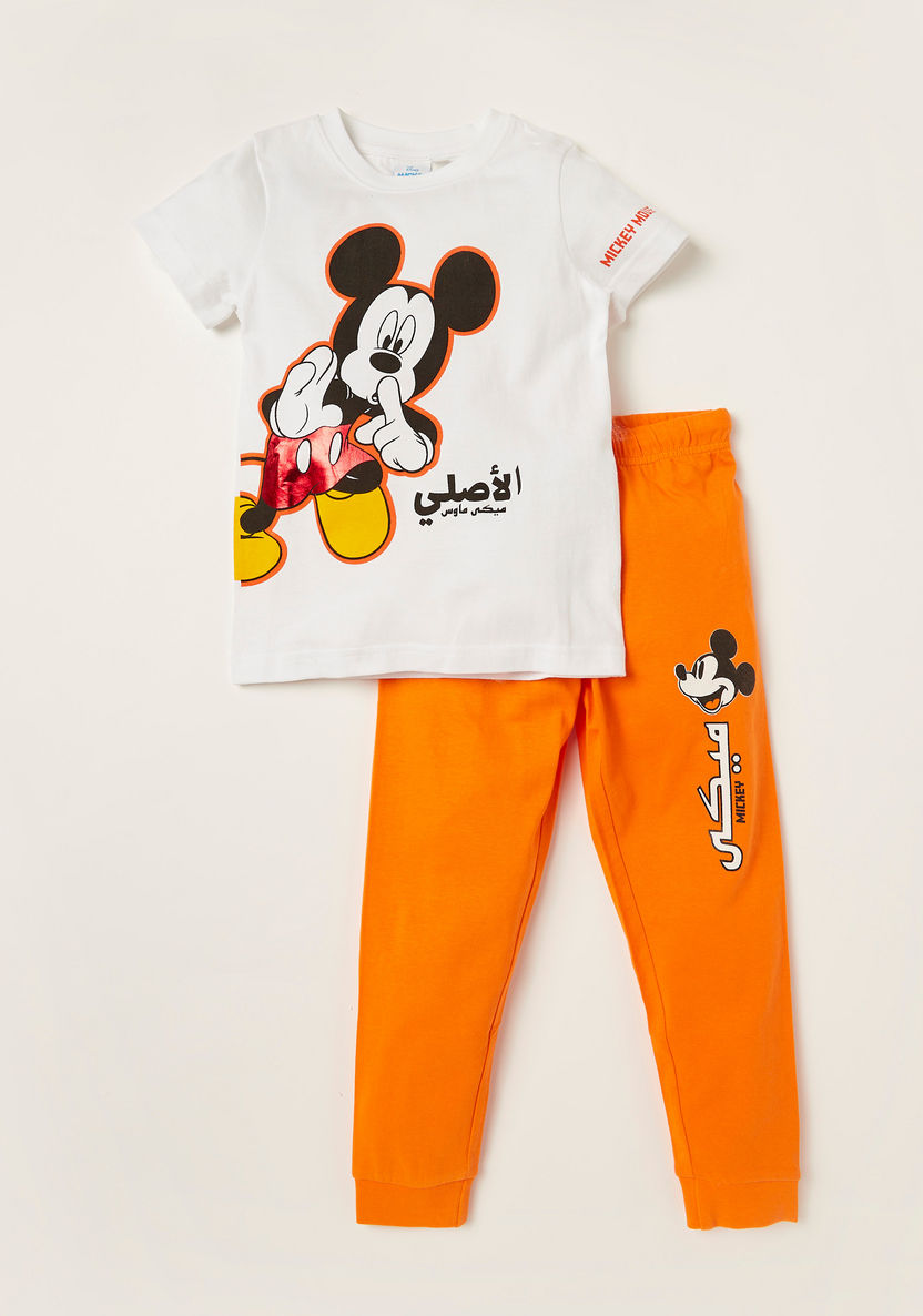 Disney Mickey Mouse Print Crew Neck T-shirt and Pyjama Set-Pyjama Sets-image-0