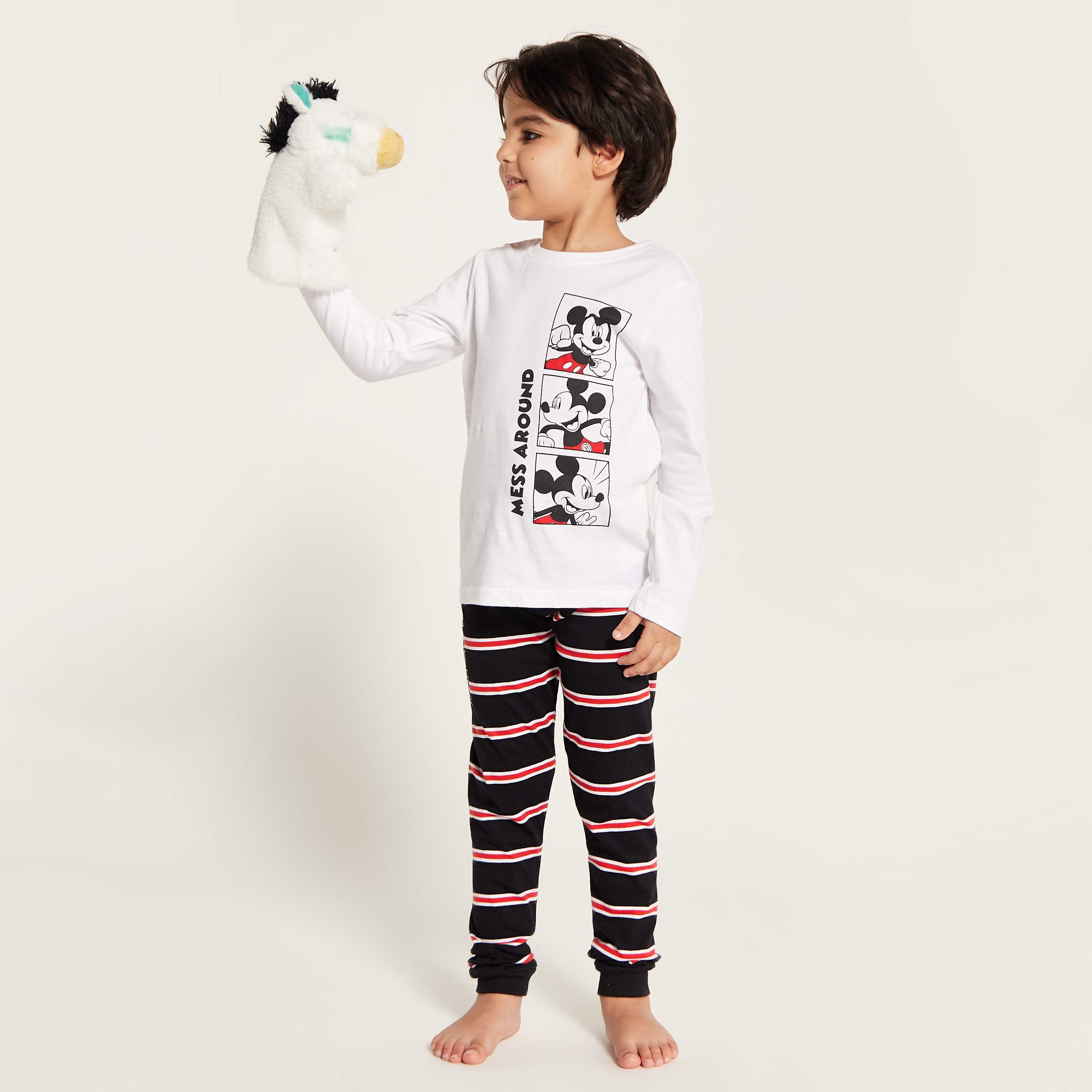 Disney Mickey Mouse Print Long Sleeves T-shirt and Striped Pyjama Set-boys-clothing-nightwear-image-1