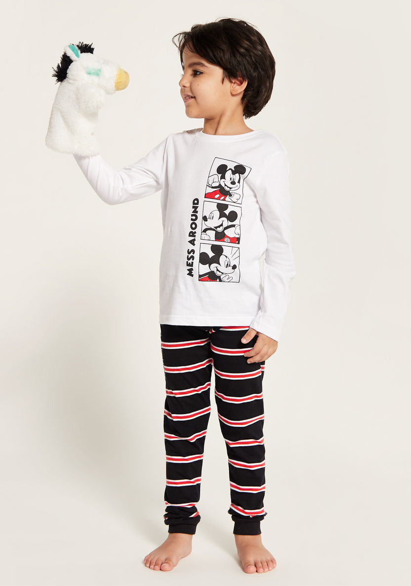 Disney Mickey Mouse Print Long Sleeves T-shirt and Striped Pyjama Set-Nightwear-image-0
