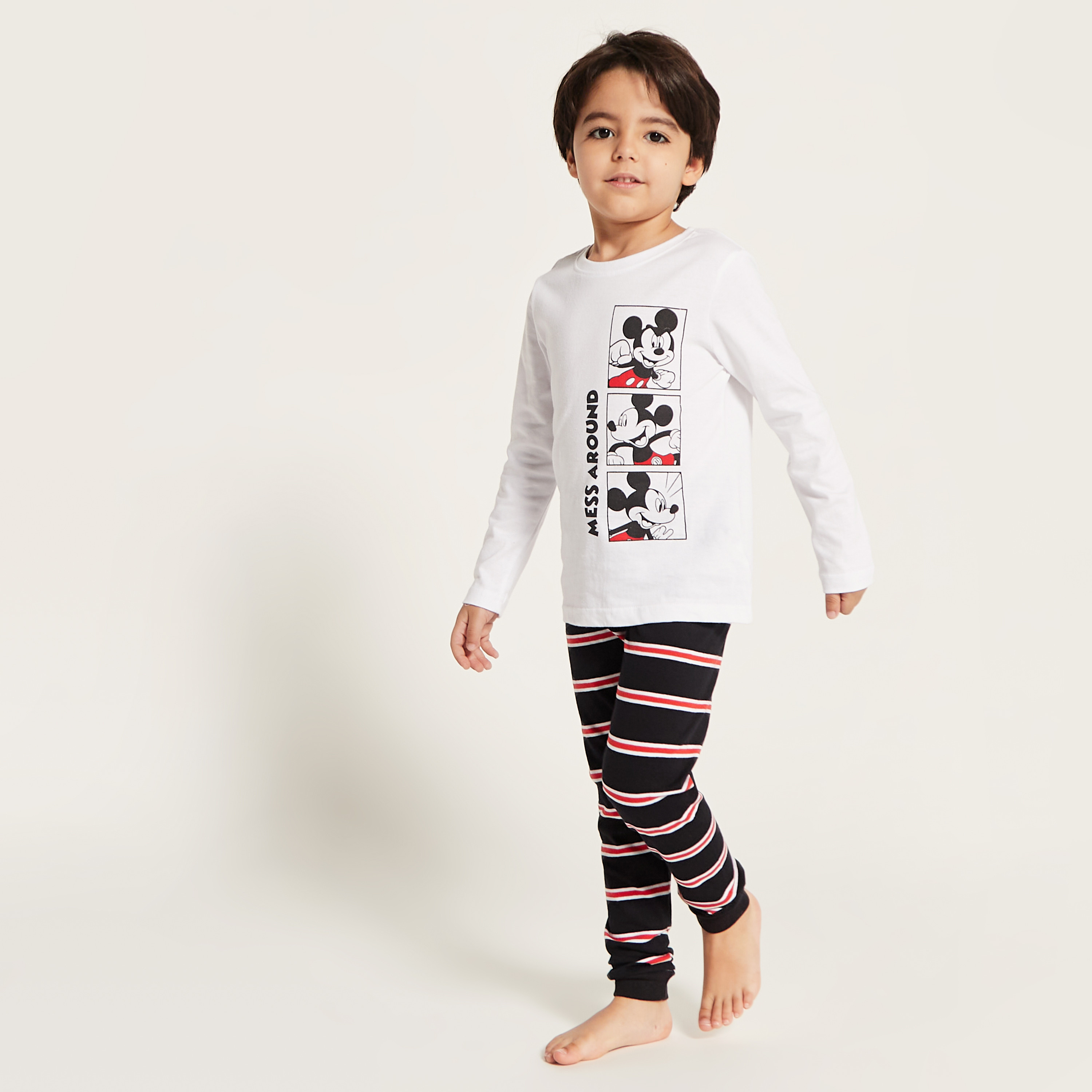 Disney Mickey Mouse Print Long Sleeves T-shirt and Striped Pyjama Set-boys-clothing-nightwear-image-2