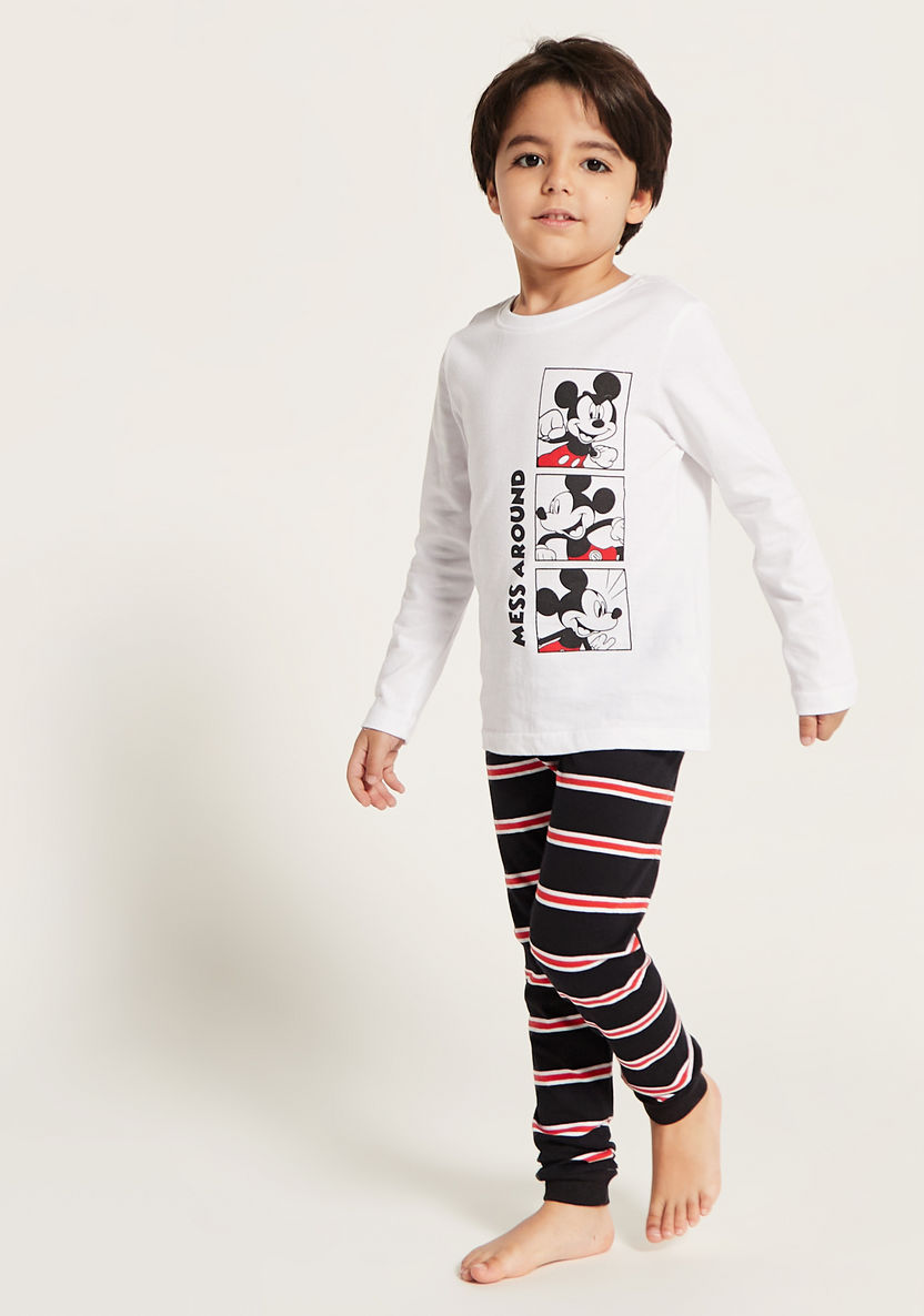 Disney Mickey Mouse Print Long Sleeves T-shirt and Striped Pyjama Set-Nightwear-image-1