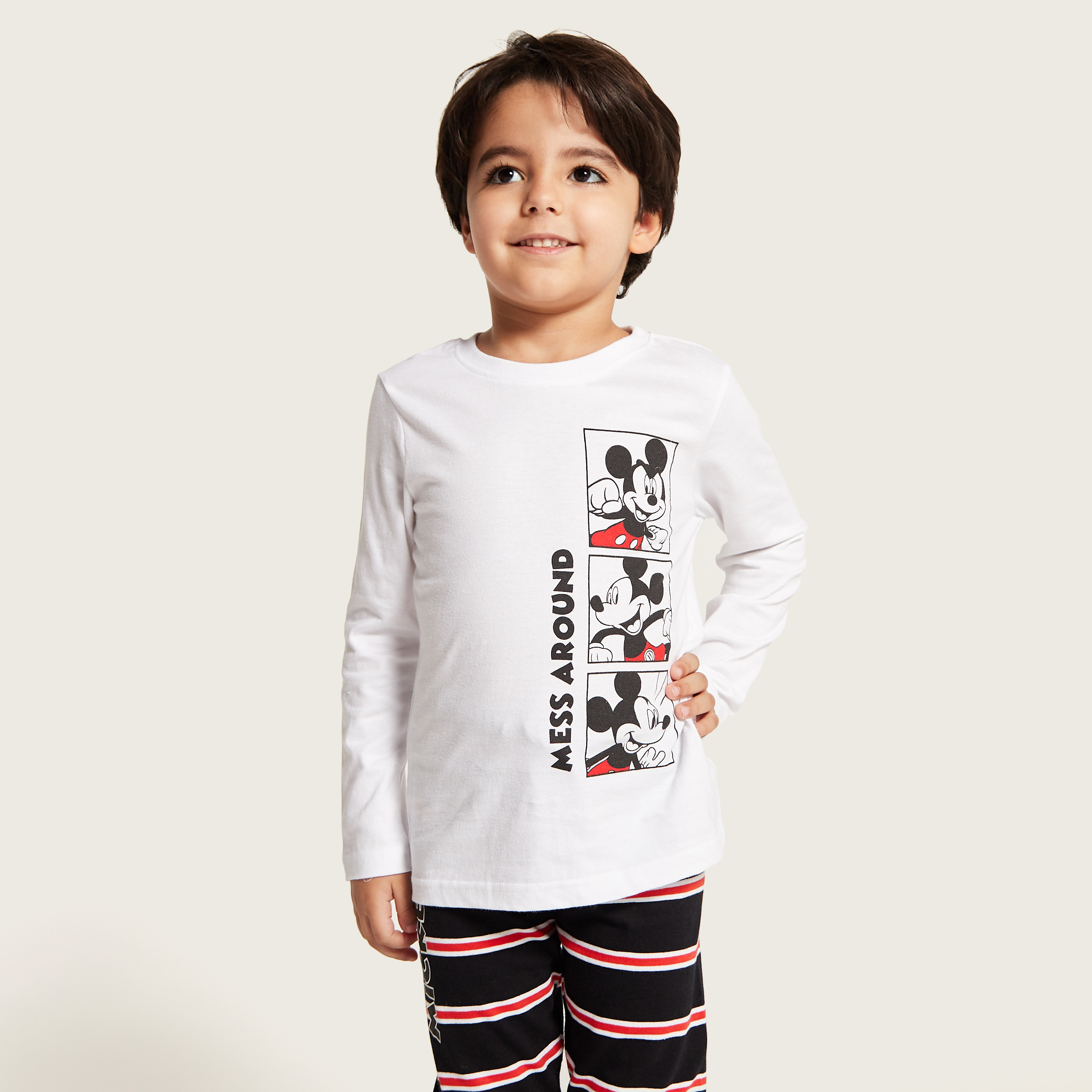Disney Mickey Mouse Print Long Sleeves T-shirt and Striped Pyjama Set-boys-clothing-nightwear-image-3