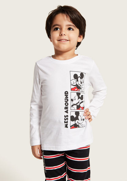 Disney Mickey Mouse Print Long Sleeves T-shirt and Striped Pyjama Set