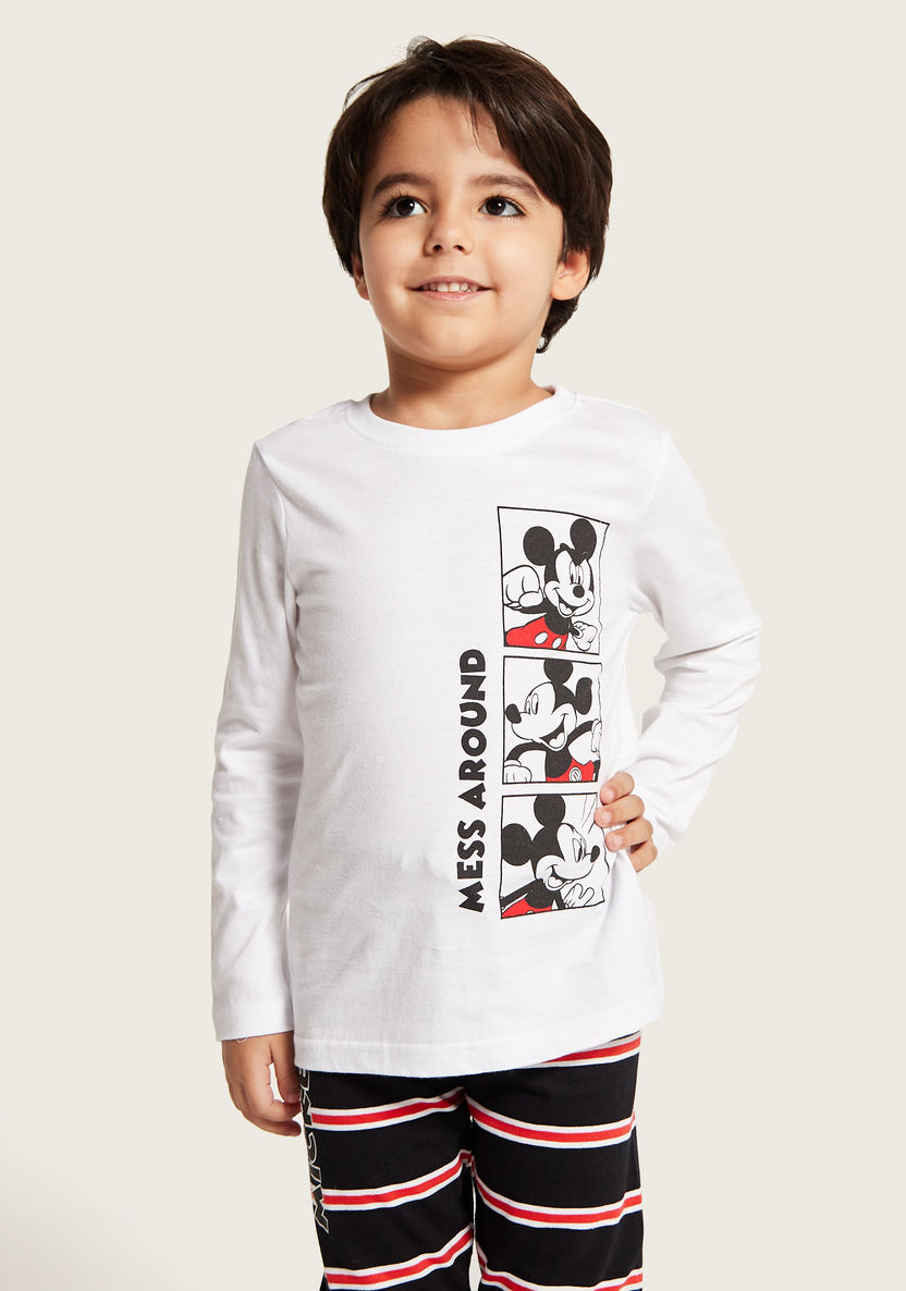 Disney Mickey Mouse Print Long Sleeves T-shirt and Striped Pyjama Set-Nightwear-image-2