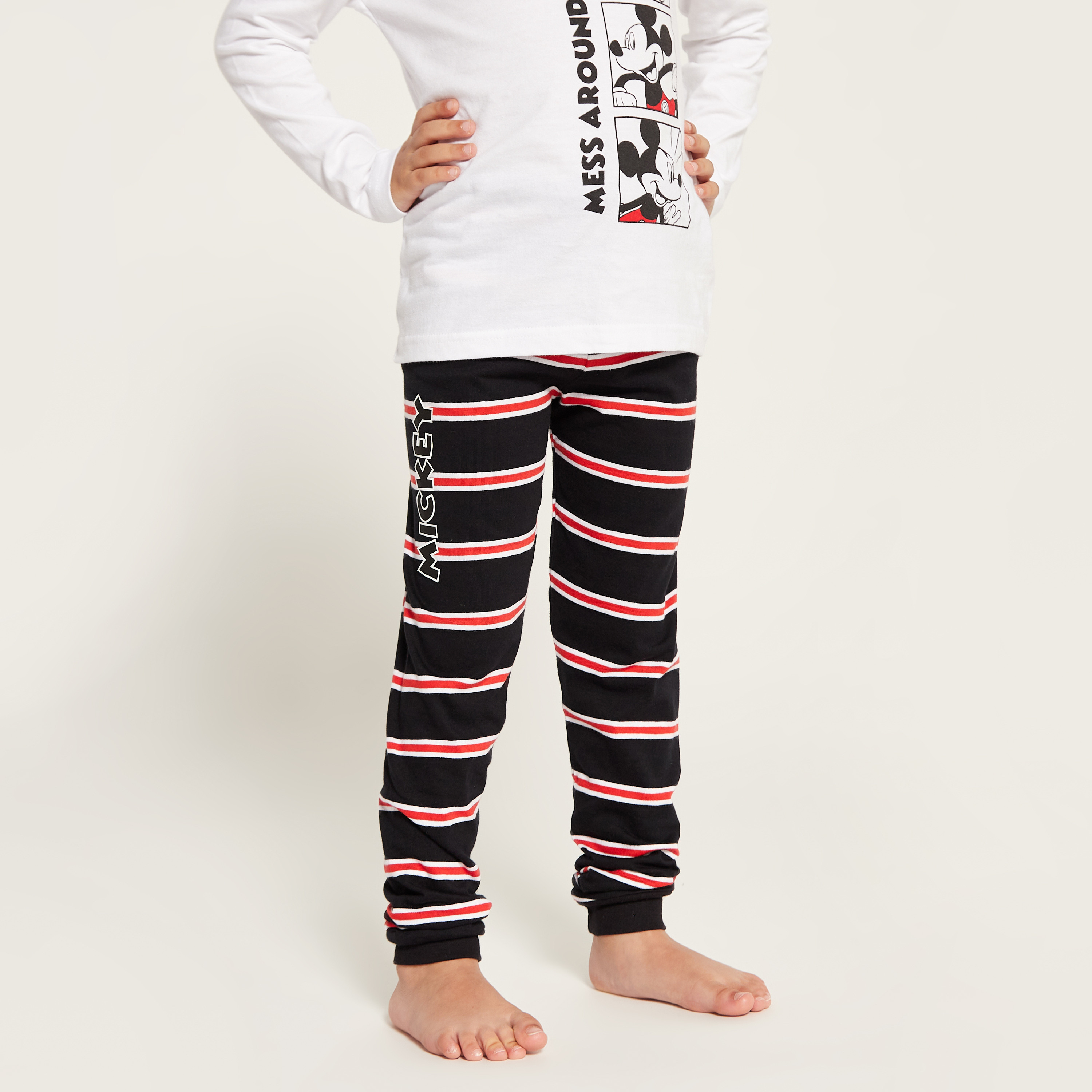 Disney Mickey Mouse Print Long Sleeves T-shirt and Striped Pyjama Set-boys-clothing-nightwear-image-4