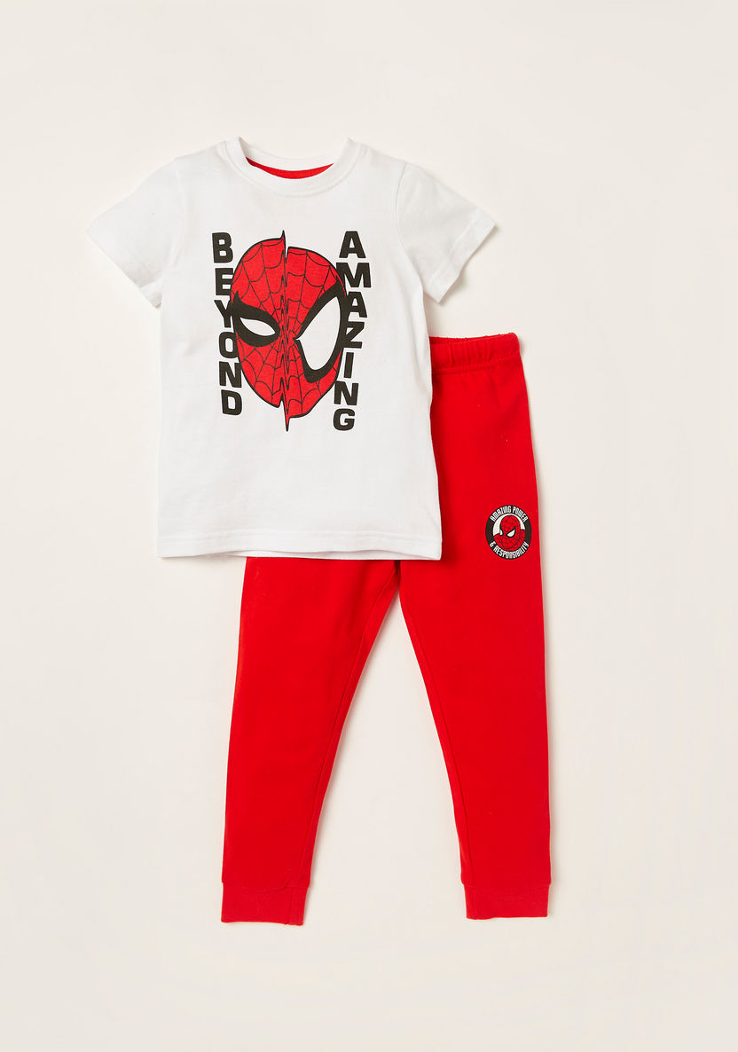 Spider-Man Print Round Neck T-shirt and Pyjama Set-Pyjama Sets-image-0