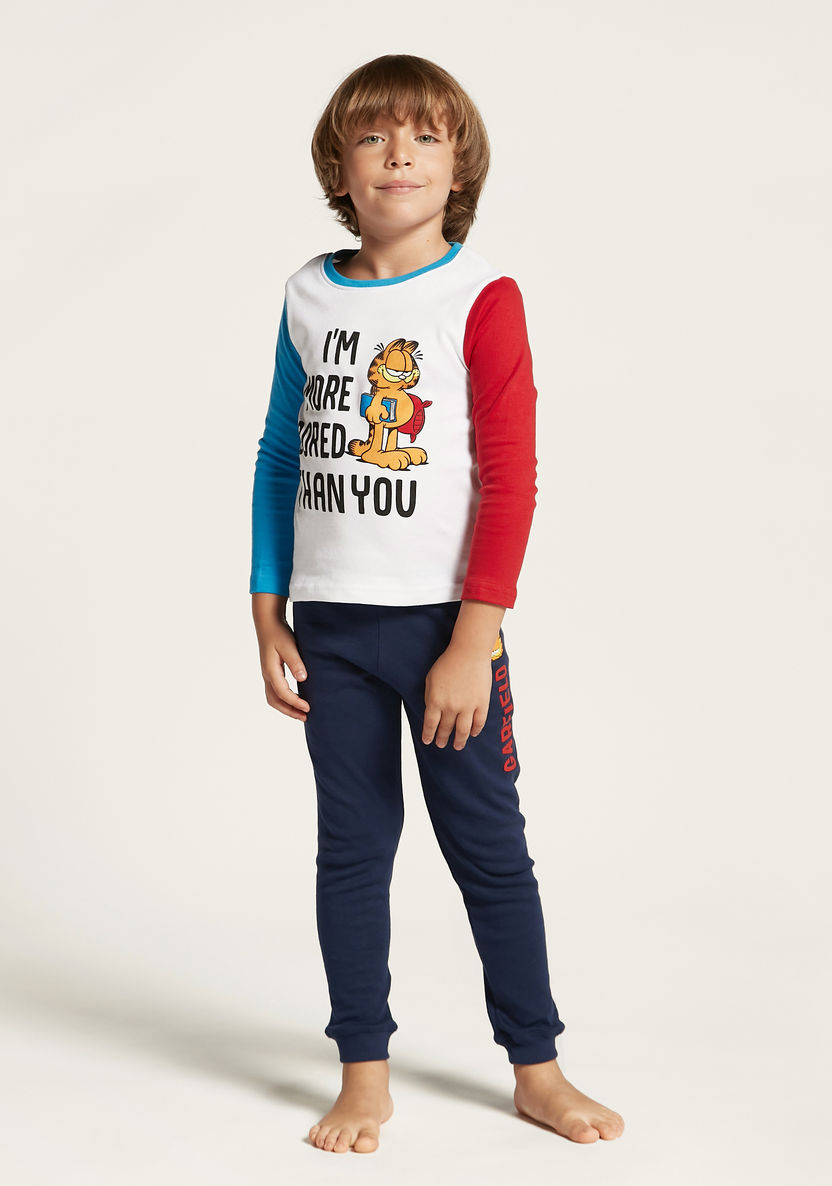 Garfield Print Round Neck T-shirt and Pyjama Set-Nightwear-image-1