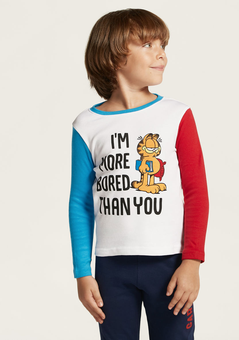 Garfield Print Round Neck T-shirt and Pyjama Set-Nightwear-image-2