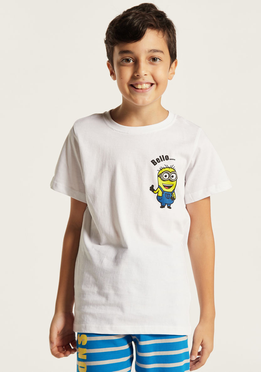 Minion Print T-shirt and Striped Full Length Pyjama Set-Nightwear-image-1