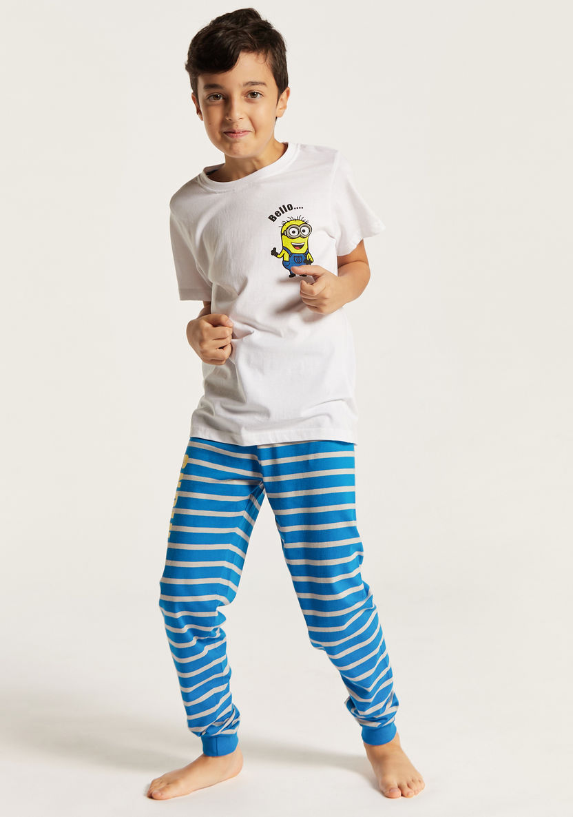 Minion Print T-shirt and Striped Full Length Pyjama Set-Nightwear-image-4