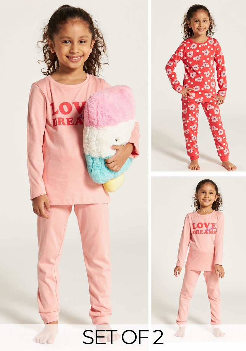 Juniors Floral Print Long Sleeves T-shirt and Pyjama Set-Multipacks-image-0
