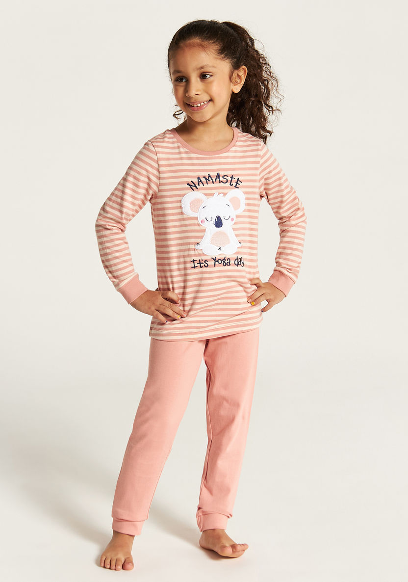 Juniors Striped Long Sleeves T-shirt and Solid Pyjama Set-Nightwear-image-0