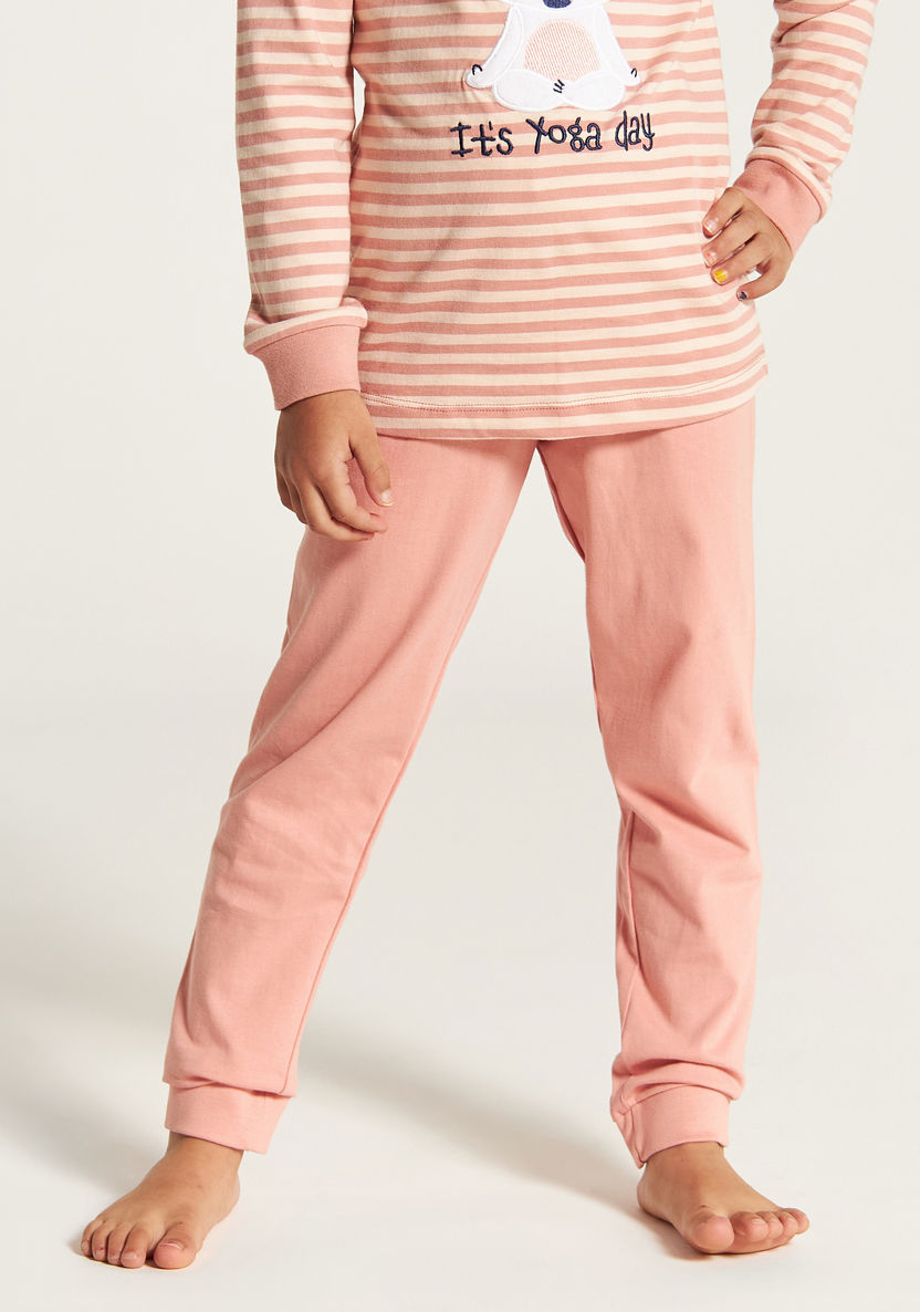 Juniors Striped Long Sleeves T-shirt and Solid Pyjama Set-Nightwear-image-3