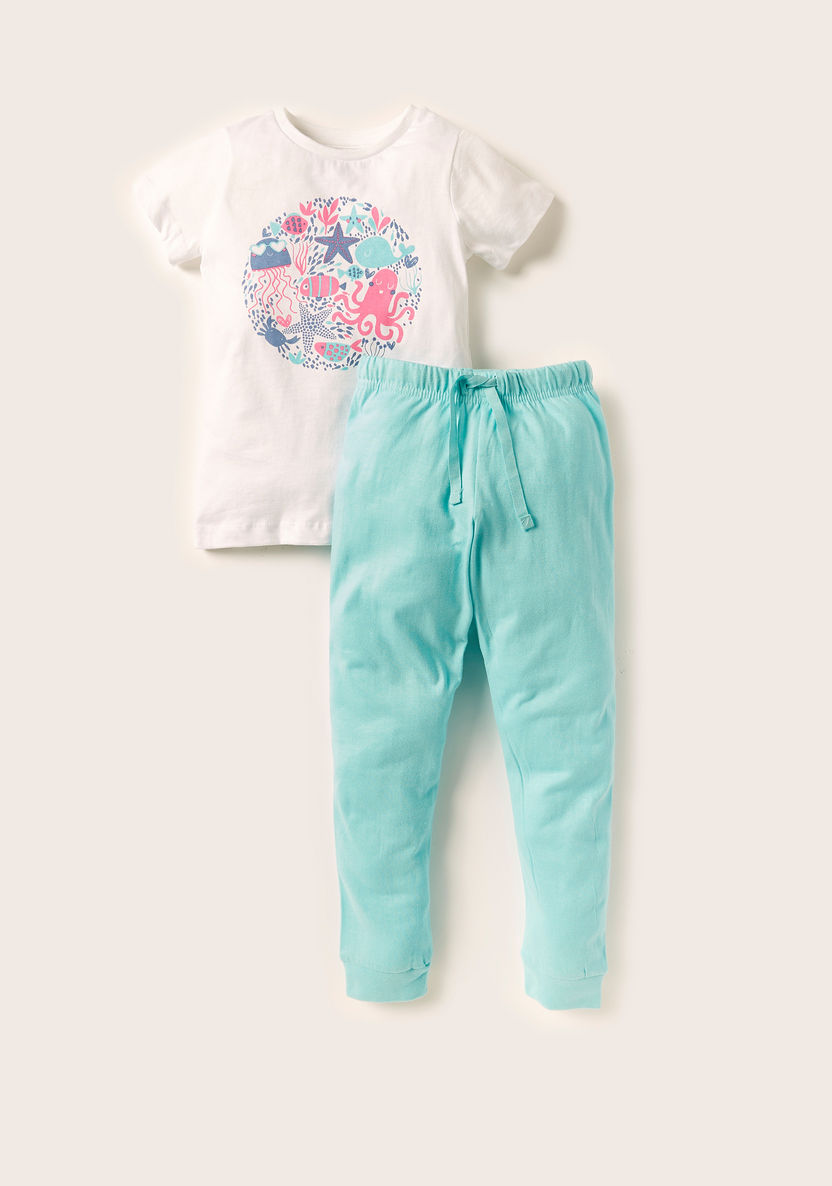Juniors Printed Crew Neck T-shirt and Solid Pyjama Set-Nightwear-image-0