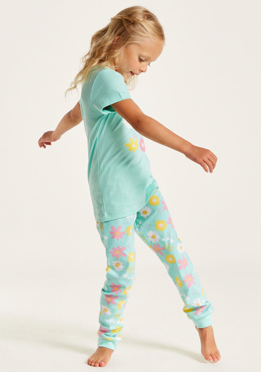 Juniors Floral Print Crew Neck T-shirt and Pyjama Set-Nightwear-image-1