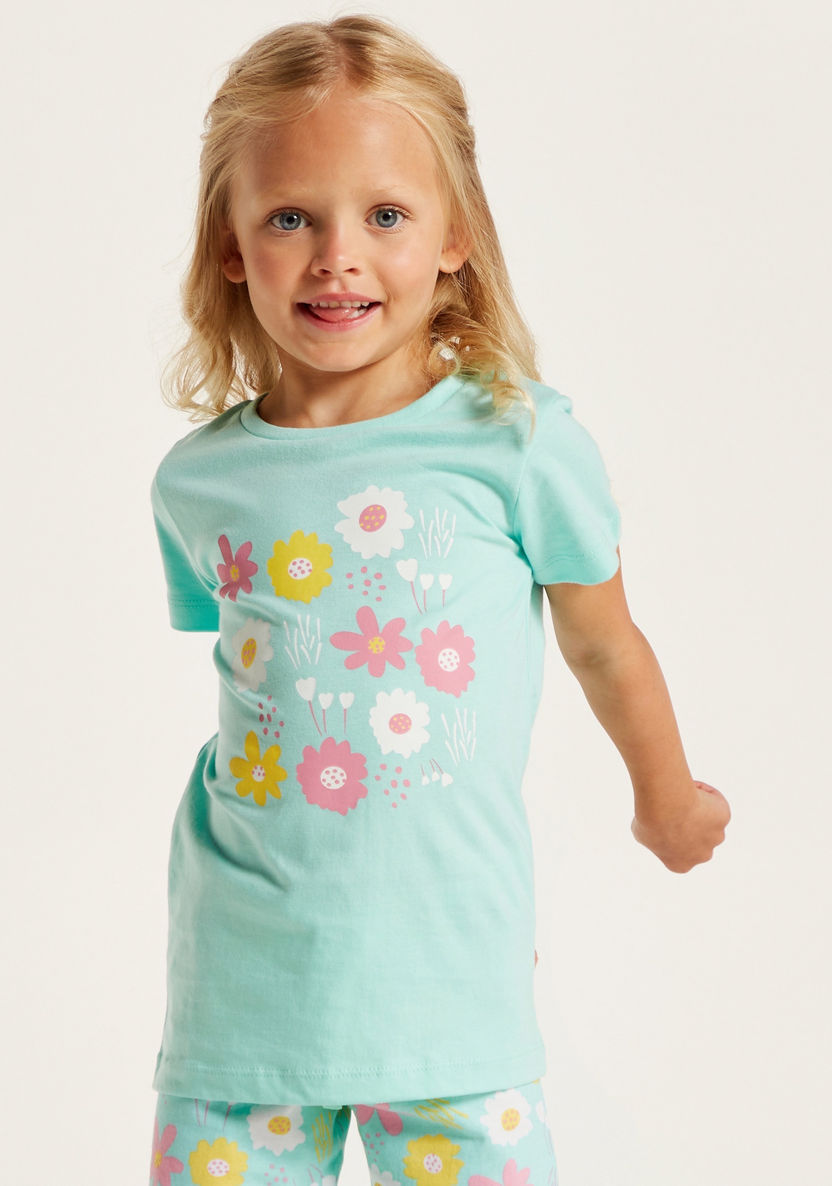 Juniors Floral Print Crew Neck T-shirt and Pyjama Set-Nightwear-image-2