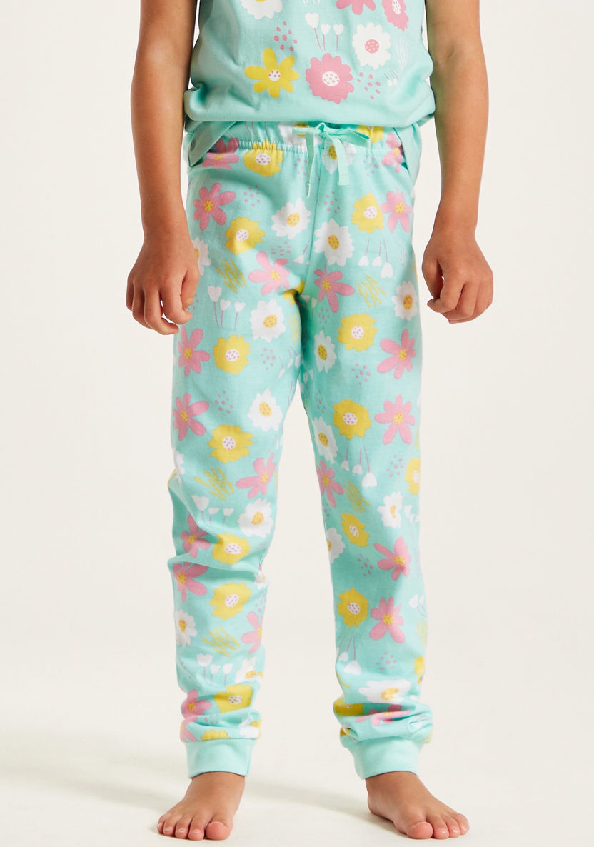Juniors Floral Print Crew Neck T-shirt and Pyjama Set-Nightwear-image-3