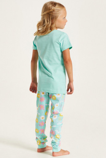 Juniors Floral Print Crew Neck T-shirt and Pyjama Set