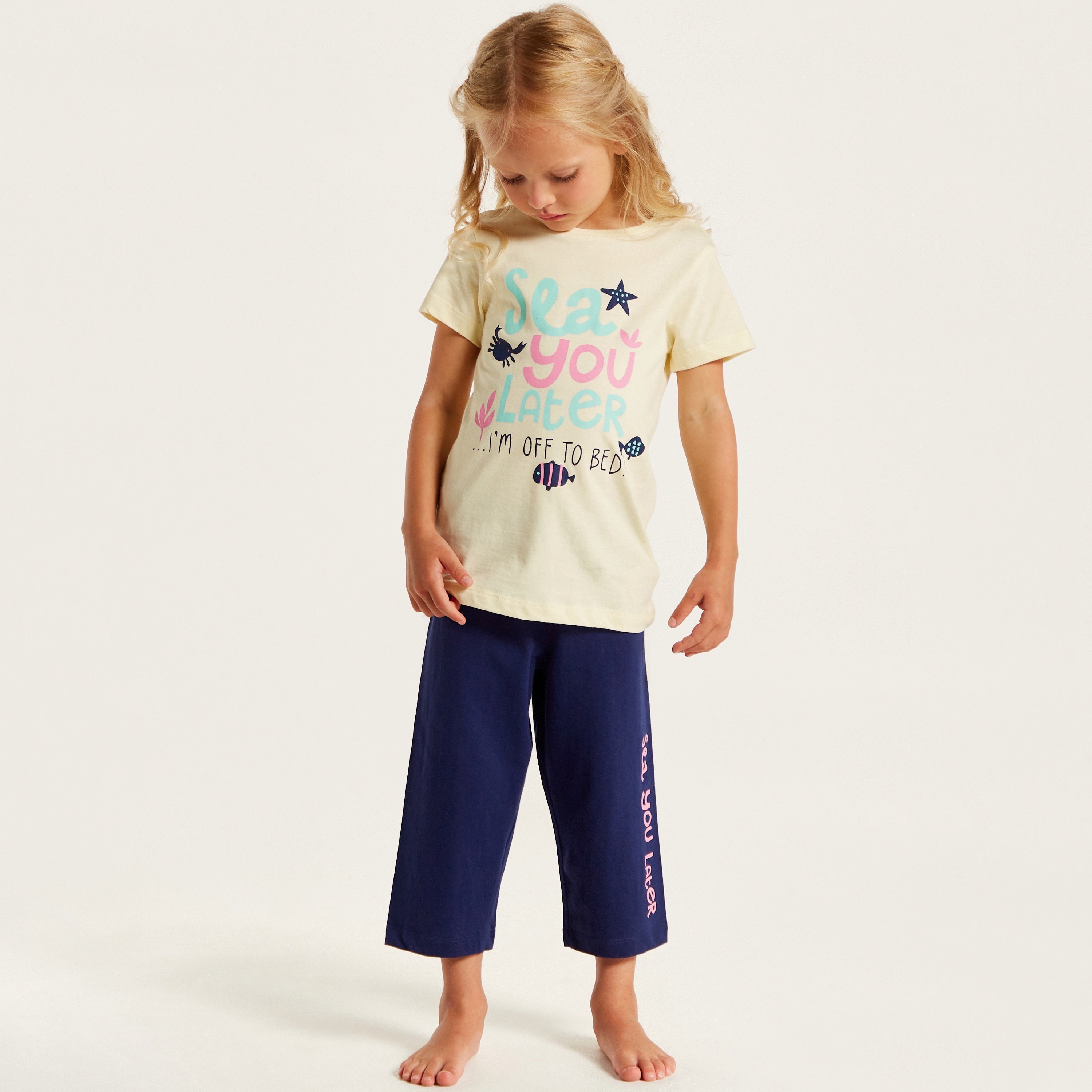 Juniors Printed Crew Neck T-shirt and Pyjama Set-girls-clothing-nightwear-image-2