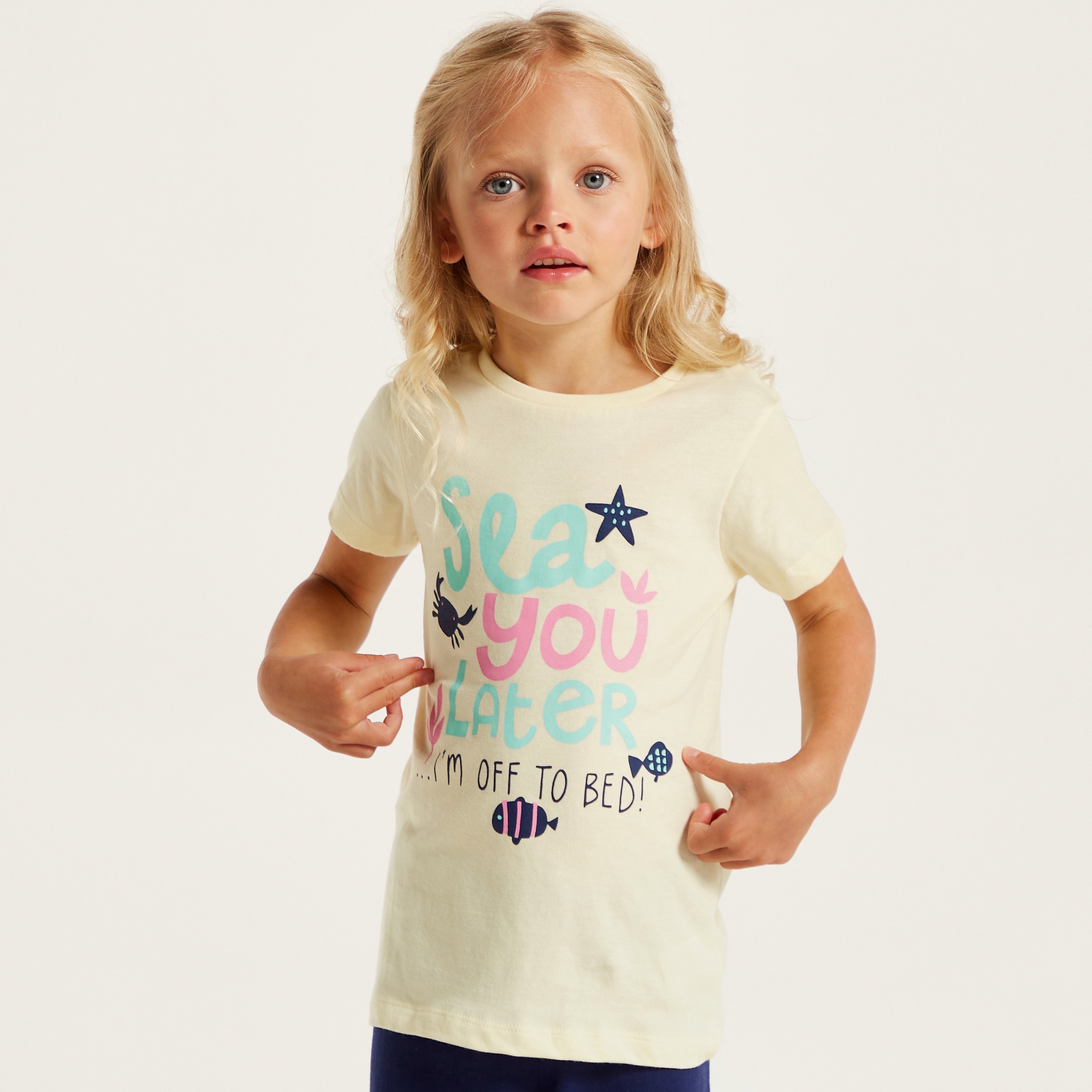Juniors Printed Crew Neck T-shirt and Pyjama Set-girls-clothing-nightwear-image-3