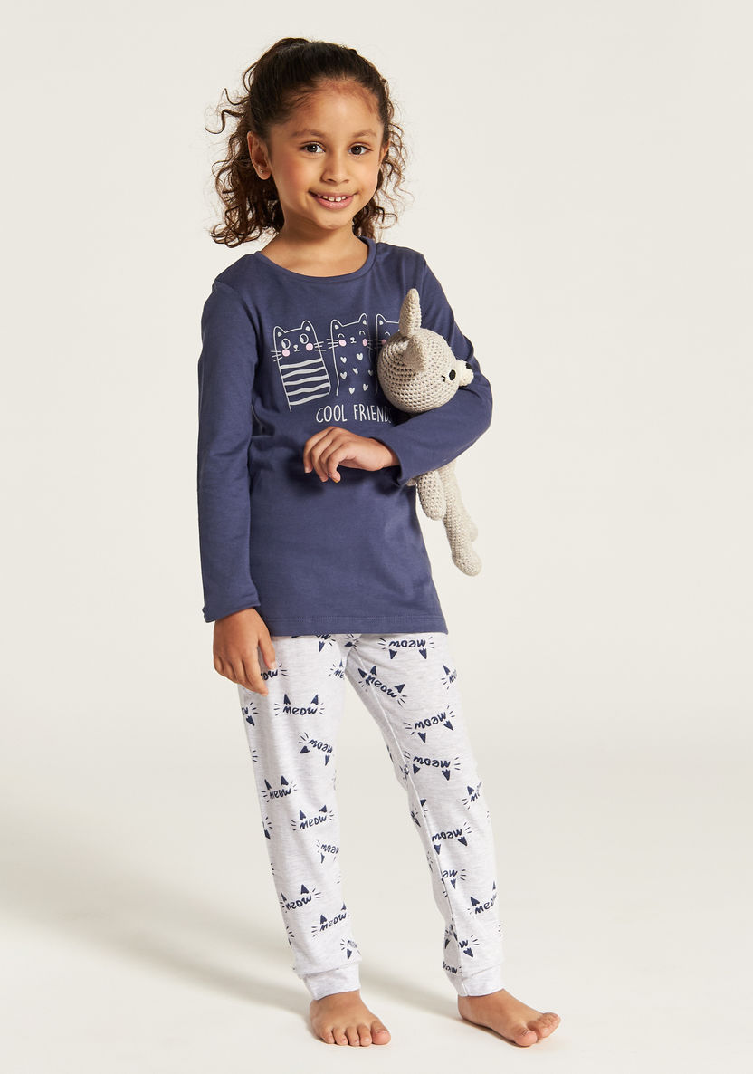 Juniors Cat Print Round Neck T-shirt and Pyjama Set-Nightwear-image-0