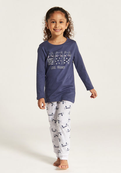 Juniors Cat Print Round Neck T-shirt and Pyjama Set