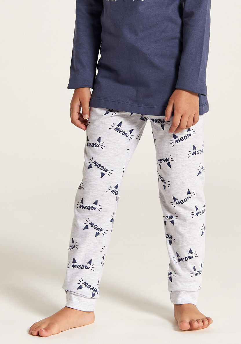 Juniors Cat Print Round Neck T-shirt and Pyjama Set-Nightwear-image-3