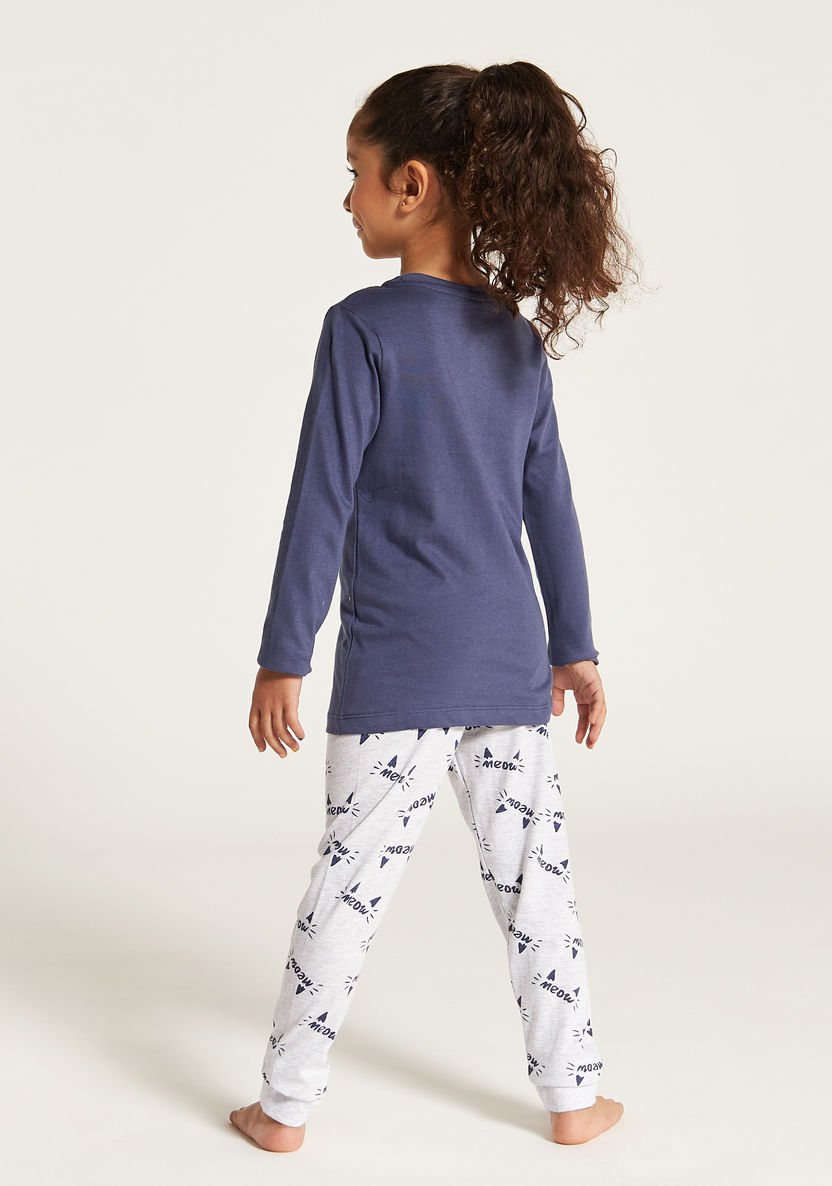 Juniors Cat Print Round Neck T-shirt and Pyjama Set-Nightwear-image-4