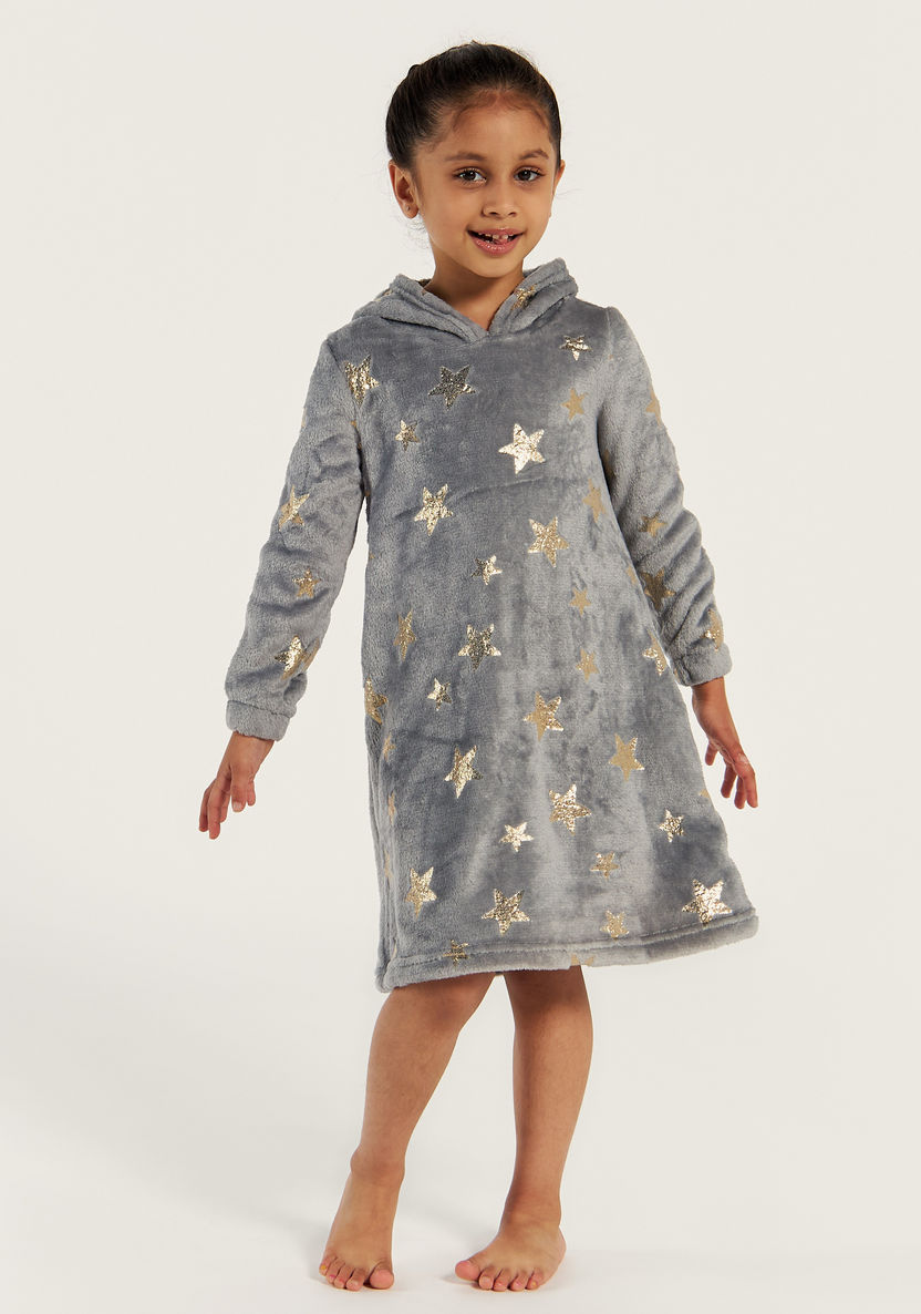 Juniors Textured Night Dress with Hood and Long Sleeves-Nightwear-image-0