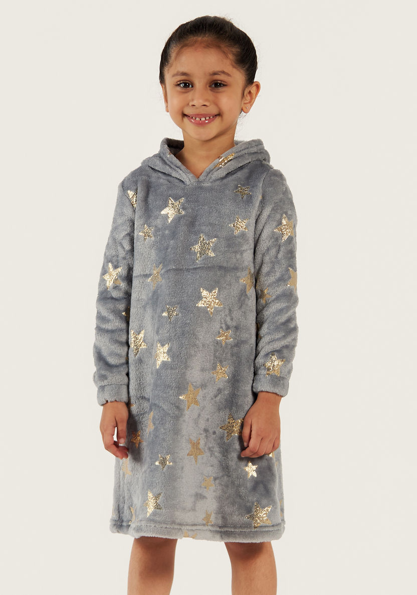 Juniors Textured Night Dress with Hood and Long Sleeves-Nightwear-image-1
