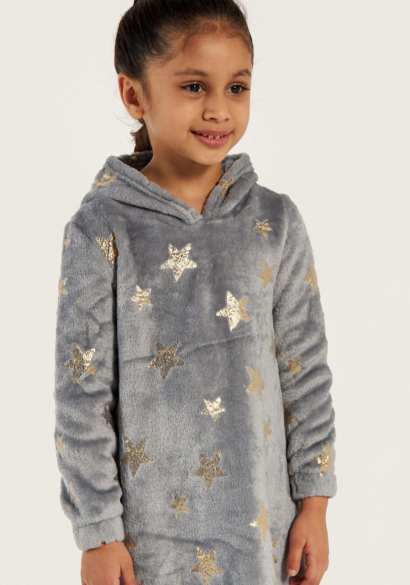Juniors Textured Night Dress with Hood and Long Sleeves-Nightwear-image-2