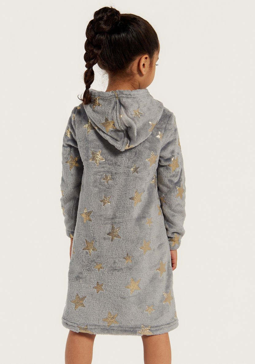 Juniors Textured Night Dress with Hood and Long Sleeves-Nightwear-image-3