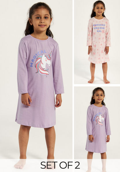 Juniors Printed Round Neck Nightdress - Set of 2-Nightwear-image-0