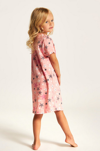 Juniors Printed Crew Neck Night Dress with Short Sleeves