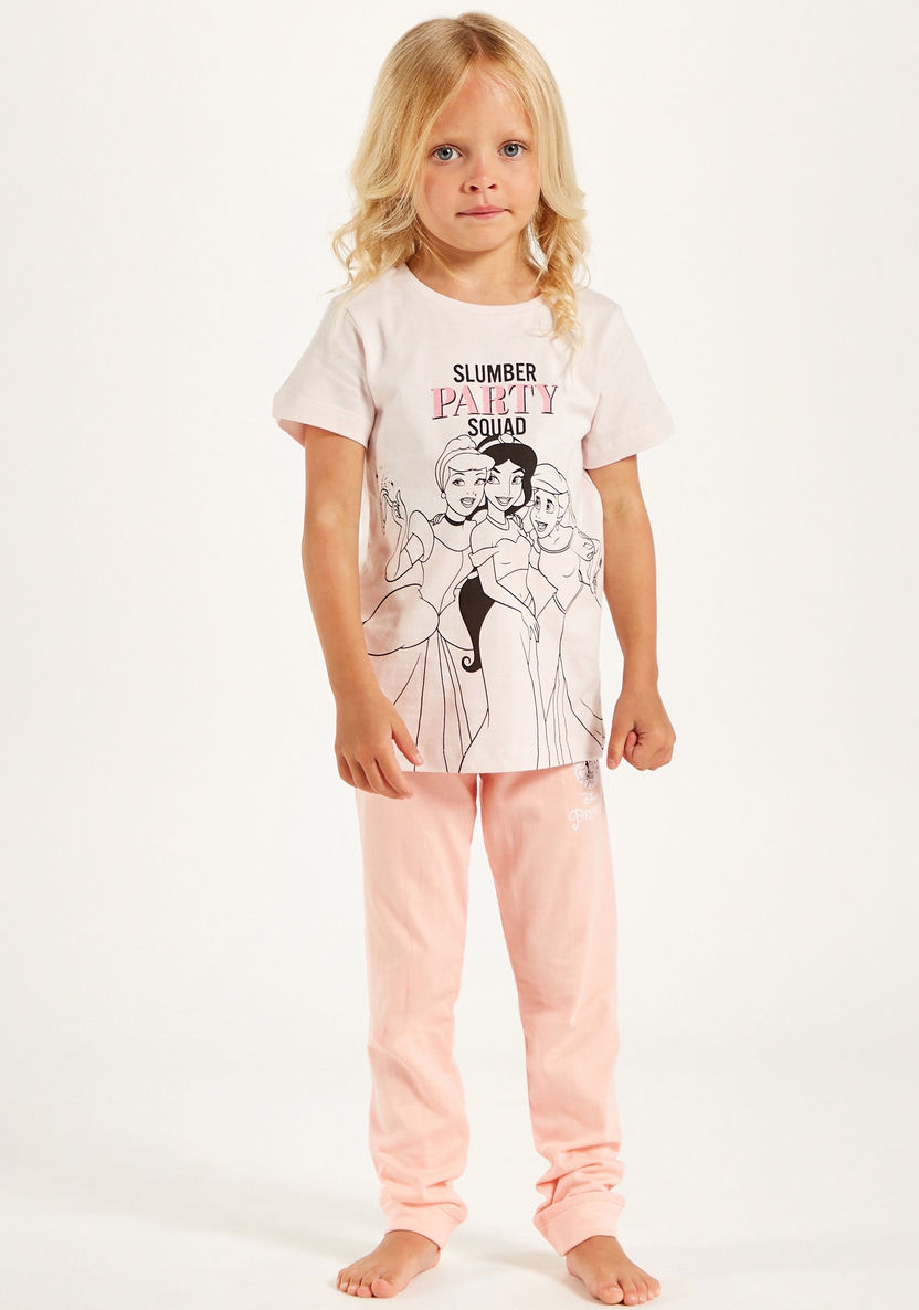 Disney Princess Print Crew Neck T-shirt and Pyjama Set-Nightwear-image-1