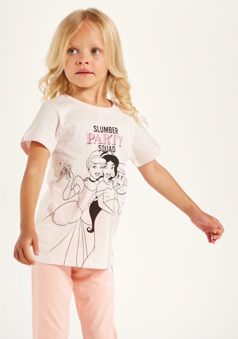 Disney Princess Print Crew Neck T-shirt and Pyjama Set-Nightwear-image-2