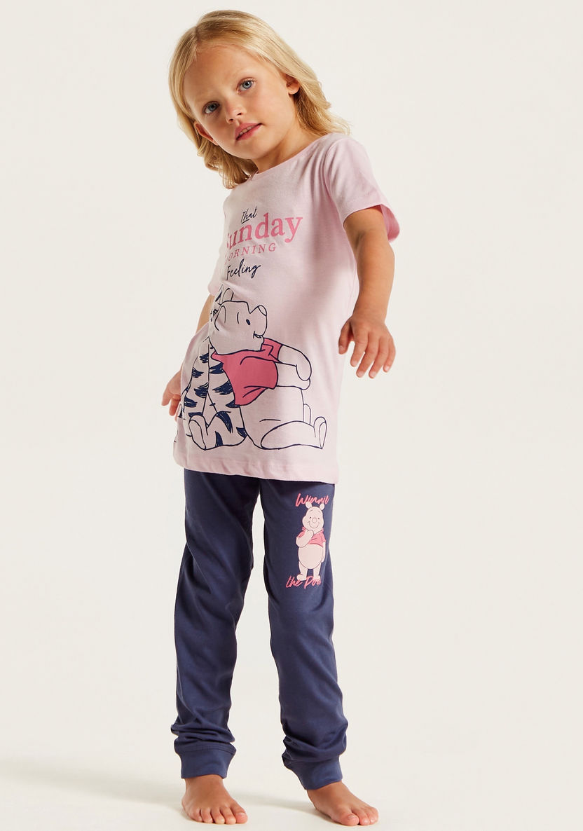 Disney Winnie the Pooh Print Round Neck T-shirt and Pyjama Set-Pyjama Sets-image-0